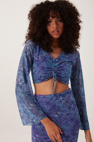 Quhox Kadın Ön Astarlı Mesh Crop Bluz Mavi