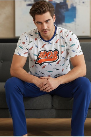 Siyah İnci Bisiklet Yaka Baskılı Örme Pijama Takım 25109830 Beyaz