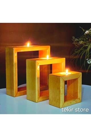 İç İçe Geçmeli 3'lü Duvara Asılabilir Mumluk Meşe Rengi