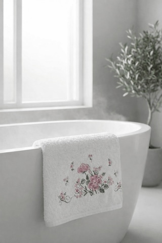 Bambu Pamuk Çiçek Nakışlı 50 X 90 Cm Nakışlı El Havlusu Açık Hardal