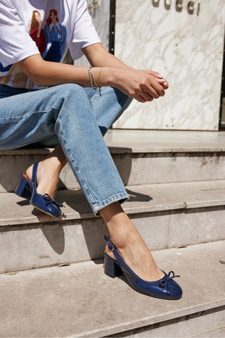 Dorado Kadın Nude Cilt Slingback Kalin Topuklu Ayakkabi Lacivert