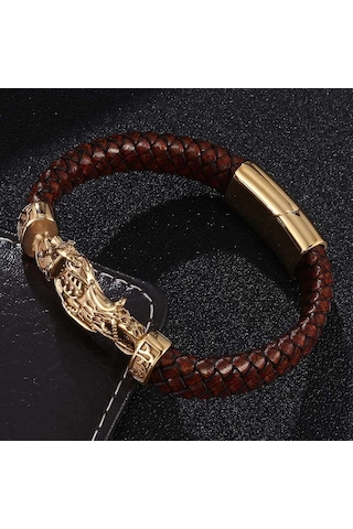 Vintage Punk Tarzı Erkek Bileklik Gerçek Deri Altın Rengi Motosiklet Paslanmaz Çelik Bileklikler Erkek Takıları Kahverengi