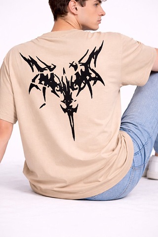 Nevermind Oversize Erkek Tişört Arkası Baskılı Streetwear Siyah Grafik Back Bej