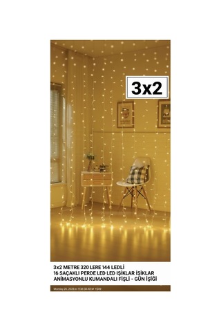 Fişli 3 2 Metre Perde Led Işık Kumandalı Gün Işığı Aydınlatma Sarı