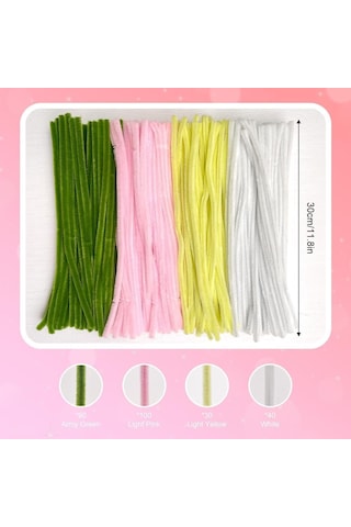 100 Adet Sarı, Pembe, Beyaz, Koyu Yeşil Renkli Şönil , Çiçek Yapım Seti, Tüylü Tel, 30 Cm, Peluş Tel