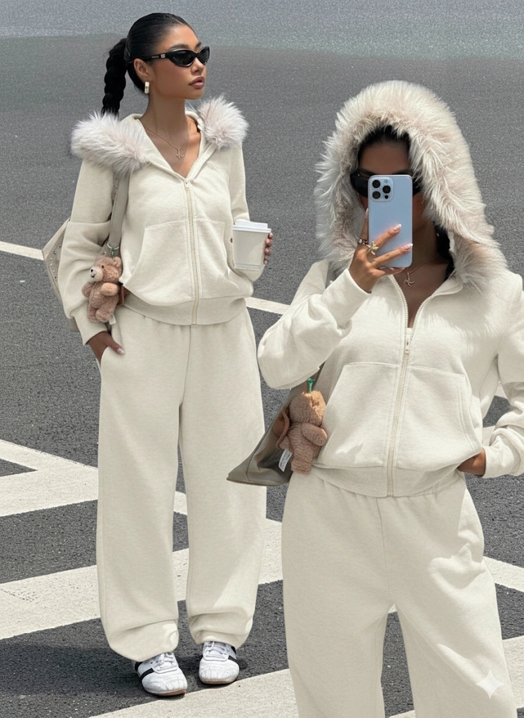 Ekru Siyah Fermuarlı Kapüşonlu Sweatshirt Eşfoman Takımı Kürklü Kapüşon, Cepli, Rahat Kalıp Ekru