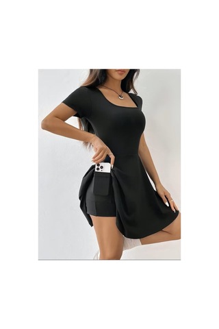 Butik İstanbul Kadın Kısa Kollu Kare Yakalı Cep Detaylı Dalgıç Elbise Tulum Siyah