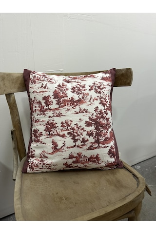 Toile De Jouy Monet Kırlent Kılıfı 43x43 Cm %100 Pamuk Dijital Baskılı Country Tarzı Fransız Dekoratif Yastık Kılıfı - Zt750 Kırmızı