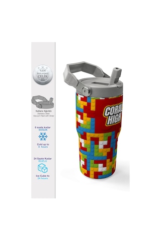 Coral High Renkli Blok Desenli Katlanır Ağızlıklı Çelik Termos 600 Ml 38917 Kırmızı