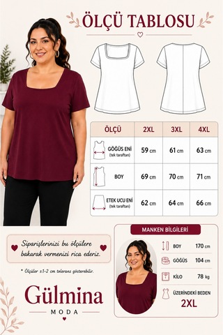 Gülmina Moda Kadın Kare Yaka Büyük Beden Bluz - Bordo