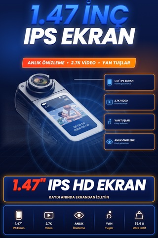 Blue Inter Smart Panora Aksiyon Kamera Döner Lensli Ekranlı Taşınabilir Vlog Kamerası Mini Spor Kamerası