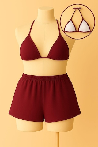 Angbutik Kadın Bordo Şortlu Belden Ve Boyundan Bağlamalı Bikini Takımı