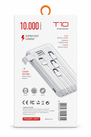 Powerway T10 Stand Özellikli 10000mah Hızlı Şarj Powerbank Beyaz