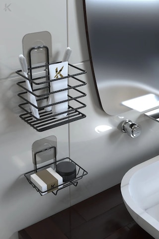 Siyah Paslanmaz Metal Banyo Duvar Organizeri - Yapışkanlı Diş Fırçalık Ve Sabunluk Seti Siyah