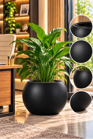 Siyah Yuvarlak İç Ve Dış Saksı Seti 27 Litre Dış Saksı 9,5 Litre İç Saksı Modern Dekoratif Büyük Boy Saksı -