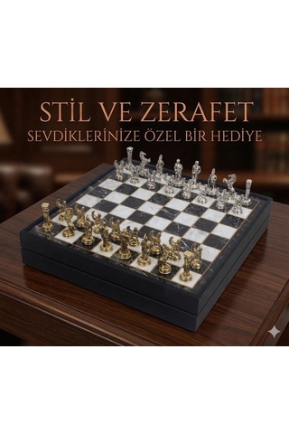 Kişiye Özel Pegasus Figürlü Lüks Metal Satranç Takımı Mermer Desenli Sandıklı 20 Cm. Premium Set