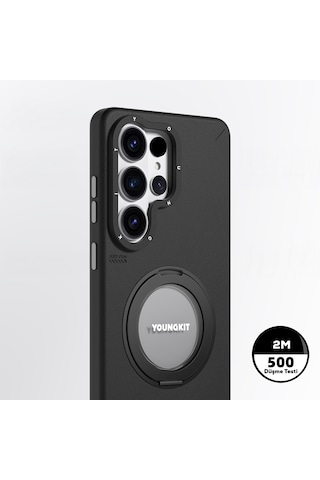 Galaxy S26 Ultra Kılıf M-safe Uyumlu 360 Standlı Mat Deri Desenli Youngkit Tech Leather Kapak Siyah Siyah