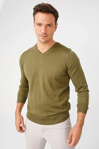 Desen Triko Erkek Basic V Yaka İnce Triko Kazak 02421602 Haki Haki