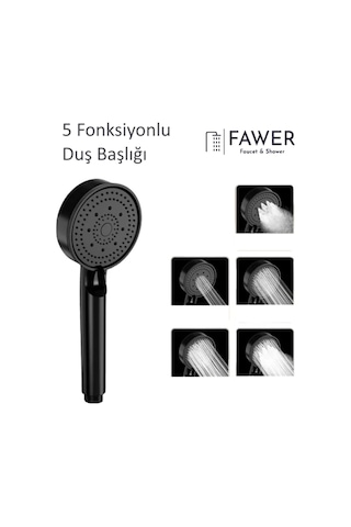 FAWER 5 Fonksiyonlu Siyah Mafsallı Duş Seti Duş Başlığı Siyah