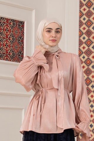 Sevitli Kolu Volanlı Janjan Abiye Bluz-pembe-5767