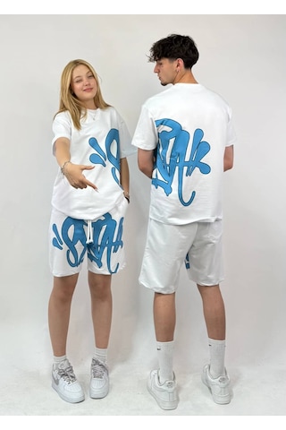 Zaee S. Baskılı Oversize Premium Şort Takımı Beyaz / Mavi