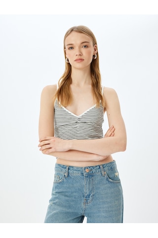Koton İp Askılı Çizgili V Yaka Slim Fit Fitilli Atlet Ekru Çizgili 5sal30078ık Ekru Çizgili Ekru