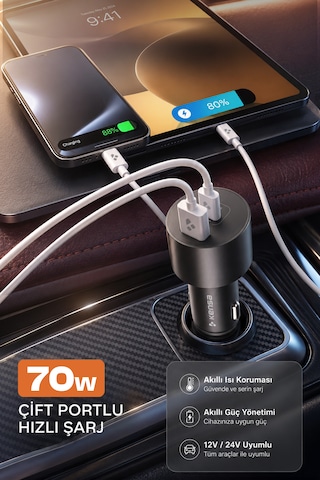 Kensa 70w Araç Hızlı Şarj Aleti Usb-c + Qc Usb-a Girişi Tüm Araçlar Uyumlu Şarj 70w Car Charger
