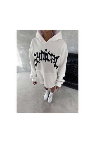 Butik İstanbul Unisex Üç İplik Kapşonlu Baskılı Sweatshirt - Beyaz