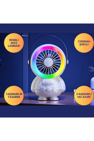 Polham 3 Kademeli Gece Lambalı 1500mah Şarjlı Taşınabilir Serinletici Vantilatör Fan, Ultra Sessiz
