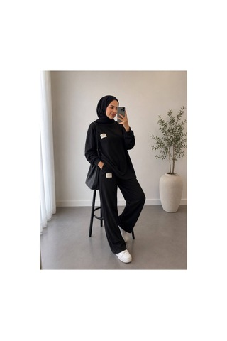 Öners Fitilli Armalı Detaylı Oversize Kaşkorse Basic Alt-üst Takım Siyah Siyah