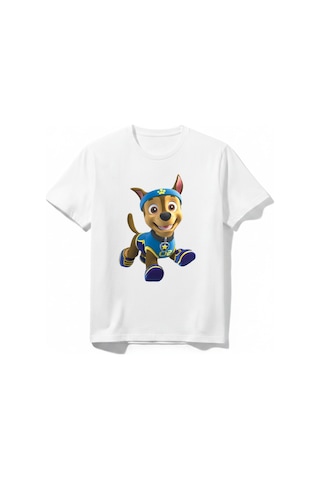 Urbantrendstore Paw Patrol Özel Tasarım Unisex Kız Çocuk Erkek Çocuk Bisiklet Yuvarlak Yaka Basic Kısa Kollu %100 Pamuk Tişört Beyaz