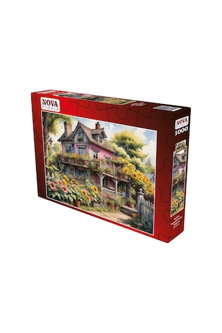 Nova Puzzle 1000 Parça Ayçiçekli Pembe Ahşap Ev Puzzle - Pembe Köy Evi
