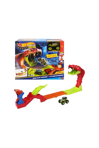 Hot Wheels ® Monster Trucks Snake Bite Güç Darbesi oyun seti ve 1:64 ölçekli Bone Shaker JJN44