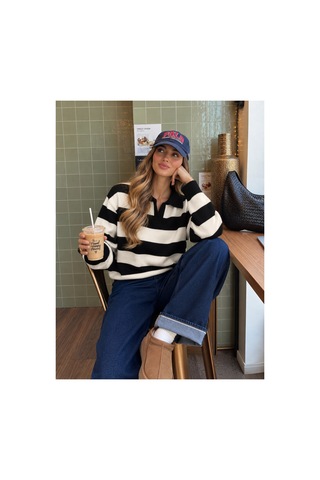 Nilza New York Kadın Siyan Çizgili Oversize Polo Yaka Triko Kazak Siyah