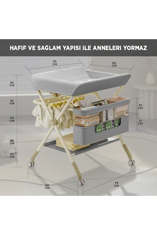 Portatif Bebek Alt Değiştirme Bakım Masası Sepetli Organizer Katlanabilir Taşınabilir İstasyon Tekerlekli Askılık Gri