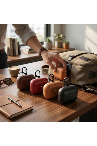 Caseonn Apple Uyumlu Airpods 4.nesil/anc Kılıf Kancalı Lüks Deri Görünümlü Açık Kahverengi