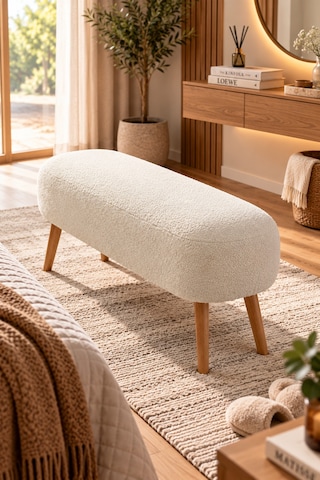 Lona Bukle Kumaş Modern Bench Puf Çok Amaçlı Yatak Ucu Ve Antre Bankı Beyaz