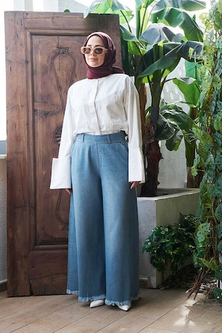1153-denim Püsküllü Pantolon Etek Açık Mavi Açık Mavi
