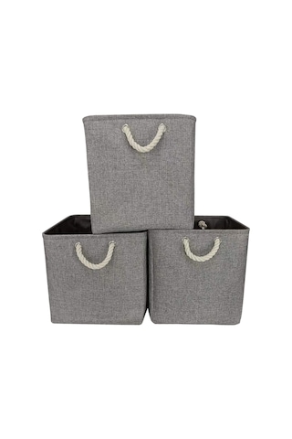 Leezsing Büyük Katlanabilir Kumaş Keten Saklama Kutuları 3'lü Set Raflar, Dolaplar İçin Keten Halat Saplı Katlanabilir Sağlam Dikdörtgen Sepetler Gri Renk