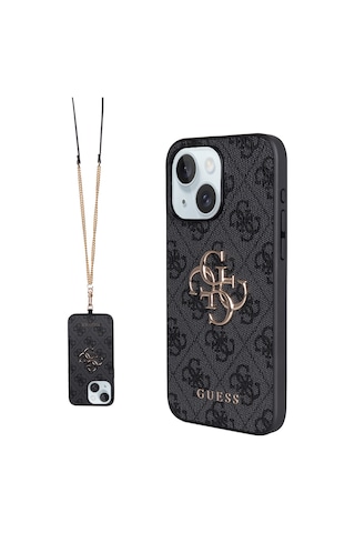 Apple Uyumlu iPhone 15 Plus Kılıf Guess Lisanslı Pu 4g Büyük Metal Logolu Çapraz Vücut Askılı Kapak Siyah Siyah
