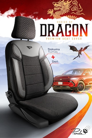 Siyah - Gri Garni Panda Dragon Serisi Dokuma Kumaş Oto Koltuk Kılıfı - Tam Set