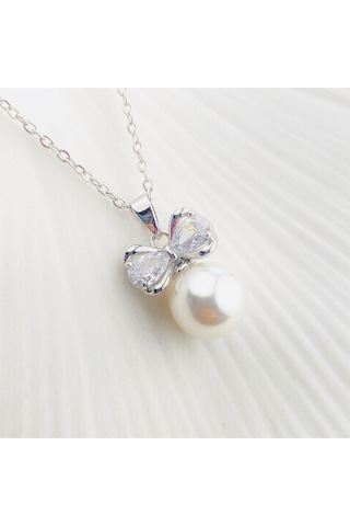 Kadın Kolye Fiyonk İncili Kolye Zirkon Taşlı Silver 45cm Gümüş