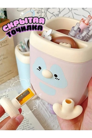Pembe Renk Sevimli Penguen Kalemlik Kalem Kutusu Ve Kalemtıraş 11x9.5x9.5 Cm