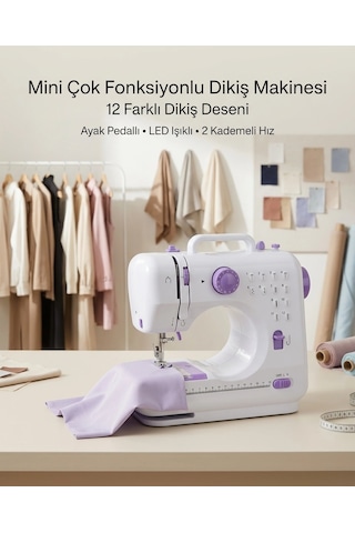12 Farklı Dikiş Desenli Mini Dikiş Makinesi Ayak Pedallı Led Işıklı Ev Tipi Kullanım Çok Renkli