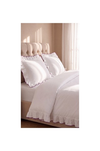 %100 Pamuk Overloklu Fırfırlı Çift Kişilik Nevresim Takımı Lastikli Çarşaflı 200x220 Cm Mor - 904804703 Mor