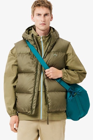 Lacoste Men's Water-resistant Puffer Vest Kaz Tüyü Dolgu Sabit Kapüşonlu Suitici Yelek Haki