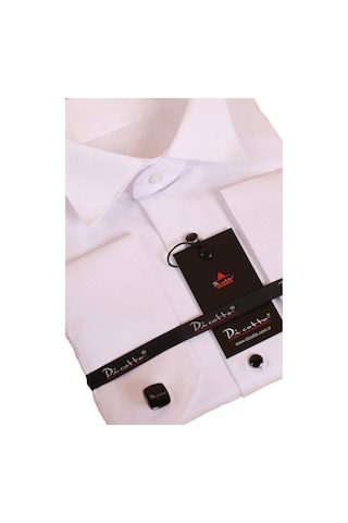 Dicotto Beyaz Büyük Beden Siyah Taş Düğmeli Damatlık Ata Yaka Kol Düğmeli Slim Fit Smokin Gömlek - 090 001