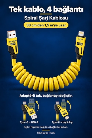 Spiral Esnek Usb Type-c Ve Lightning Şarj Kablosu 1.5 Metre