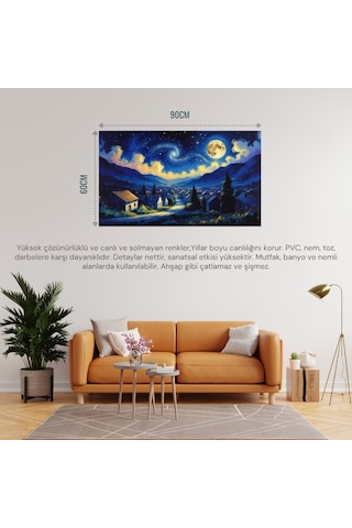Doğa Ve Manzara Yatay Sessiz Bir Köyün Üzerinde Yıldızlı Gece Parlayan Ay 05 Çerçevesiz 90x60cm Pvc Tablo