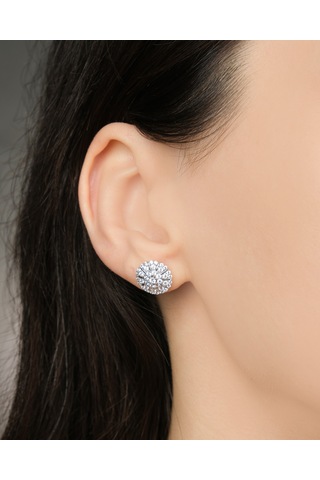 Lekka Design Kadın Kararmaz Çelik Lüks Takı Gümüş Renkli Zirkon Taşlı Yuvarlak Küpe